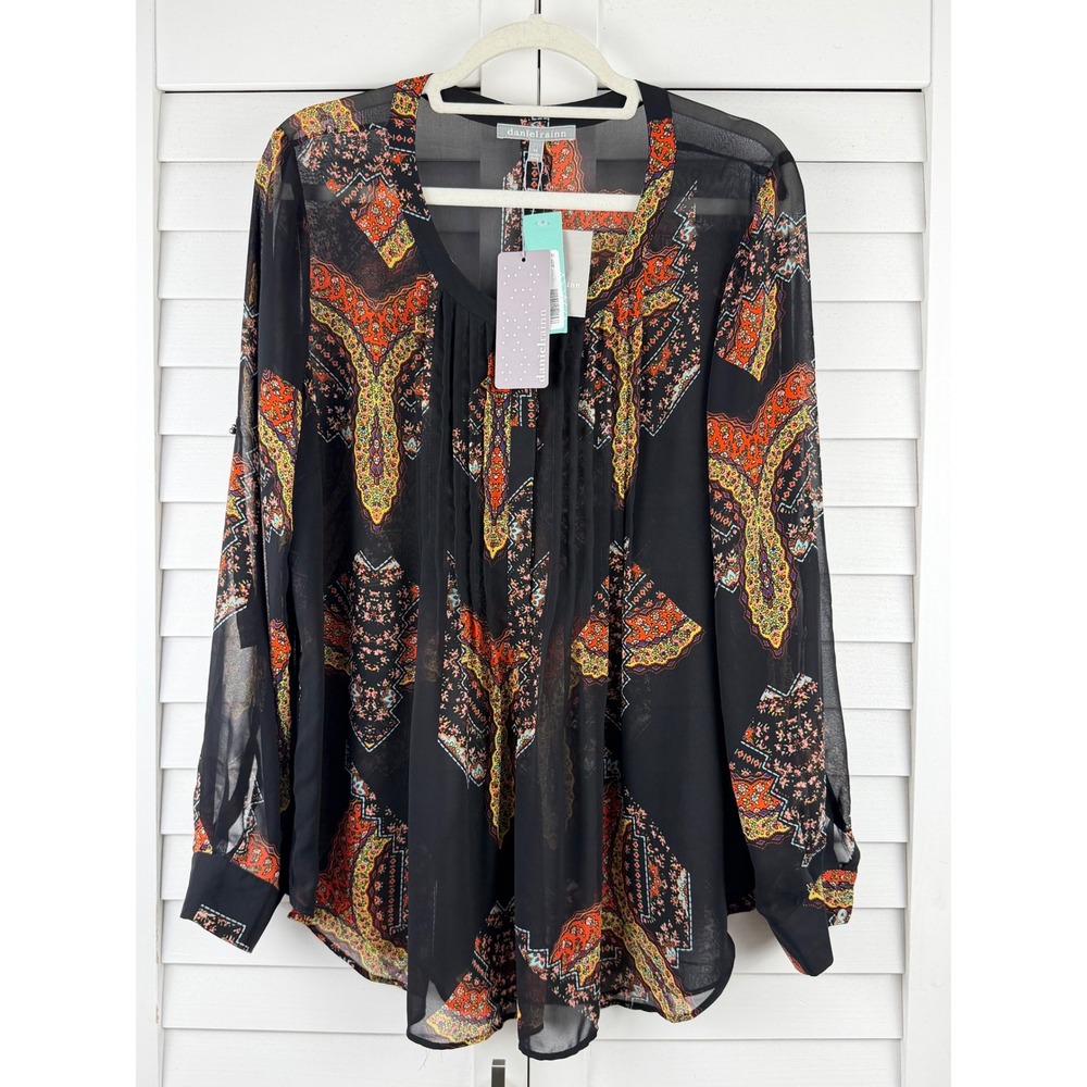 Daniel Rainn Pleat Detail Blouse XL Black Paisley Sheer Long Sleeve NEW